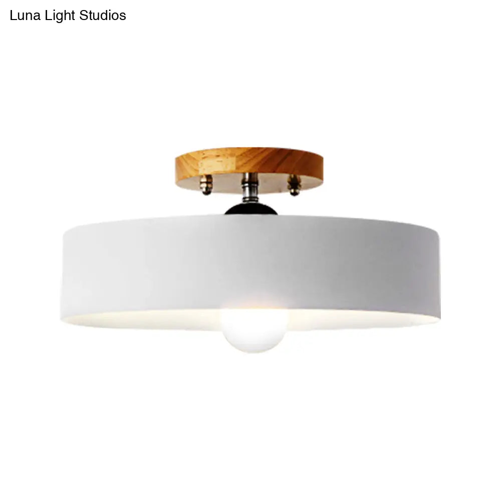 DecorBites™ DecorBites™ Modern Semi-Mount Drum Light: 1-Light 12" W Metal Fixture in Gray/White/Red/Pink for Living Room Ceiling