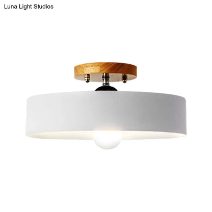 DecorBites™ DecorBites™ Modern Semi-Mount Drum Light: 1-Light 12" W Metal Fixture in Gray/White/Red/Pink for Living Room Ceiling