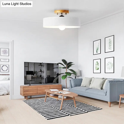 DecorBites™ DecorBites™ Modern Semi-Mount Drum Light: 1-Light 12" W Metal Fixture in Gray/White/Red/Pink for Living Room Ceiling