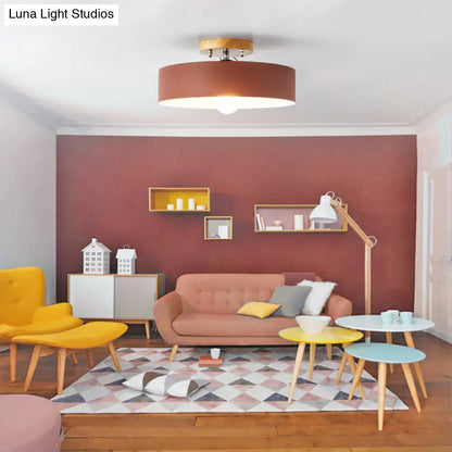 DecorBites™ DecorBites™ Modern Semi-Mount Drum Light: 1-Light 12" W Metal Fixture in Gray/White/Red/Pink for Living Room Ceiling