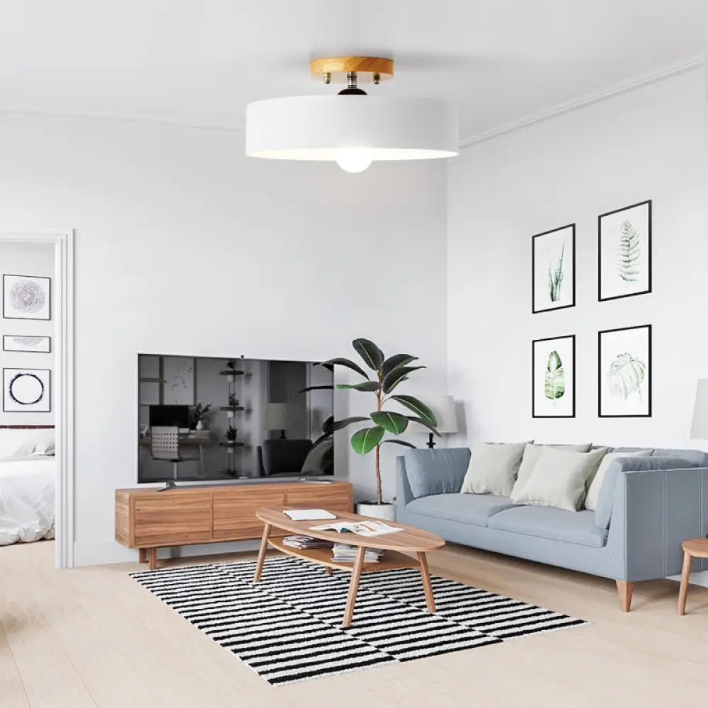 DecorBites™ DecorBites™ Modern Semi-Mount Drum Light: 1-Light 12" W Metal Fixture in Gray/White/Red/Pink for Living Room Ceiling