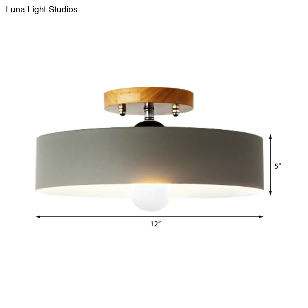 DecorBites™ DecorBites™ Modern Semi-Mount Drum Light: 1-Light 12" W Metal Fixture in Gray/White/Red/Pink for Living Room Ceiling