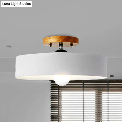 DecorBites™ DecorBites™ Modern Semi-Mount Drum Light: 1-Light 12" W Metal Fixture in Gray/White/Red/Pink for Living Room Ceiling