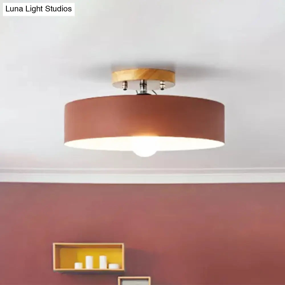 DecorBites™ DecorBites™ Modern Semi-Mount Drum Light: 1-Light 12" W Metal Fixture in Gray/White/Red/Pink for Living Room Ceiling