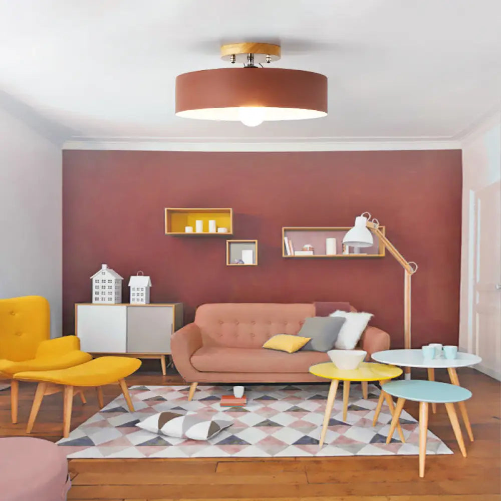 DecorBites™ DecorBites™ Modern Semi-Mount Drum Light: 1-Light 12" W Metal Fixture in Gray/White/Red/Pink for Living Room Ceiling