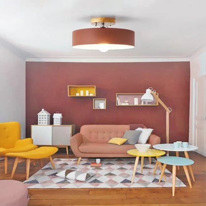 DecorBites™ DecorBites™ Modern Semi-Mount Drum Light: 1-Light 12" W Metal Fixture in Gray/White/Red/Pink for Living Room Ceiling