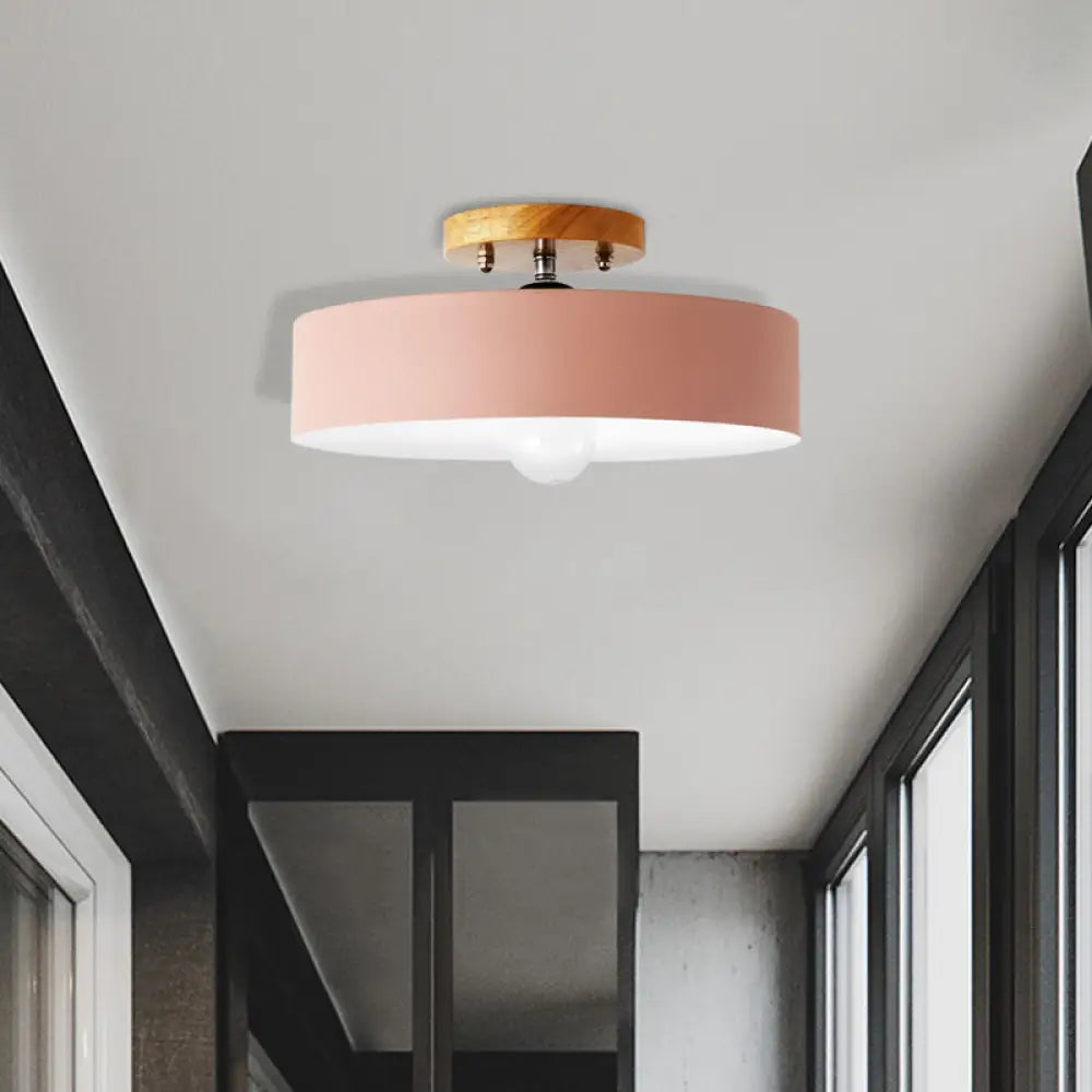DecorBites™ DecorBites™ Modern Semi-Mount Drum Light: 1-Light 12" W Metal Fixture in Gray/White/Red/Pink for Living Room Ceiling