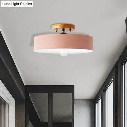 DecorBites™ DecorBites™ Modern Semi-Mount Drum Light: 1-Light 12" W Metal Fixture in Gray/White/Red/Pink for Living Room Ceiling