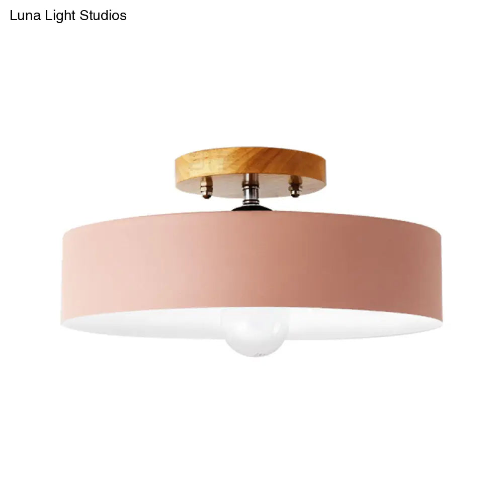 DecorBites™ DecorBites™ Modern Semi-Mount Drum Light: 1-Light 12" W Metal Fixture in Gray/White/Red/Pink for Living Room Ceiling