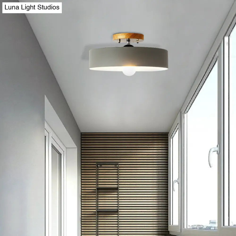 DecorBites™ DecorBites™ Modern Semi-Mount Drum Light: 1-Light 12" W Metal Fixture in Gray/White/Red/Pink for Living Room Ceiling