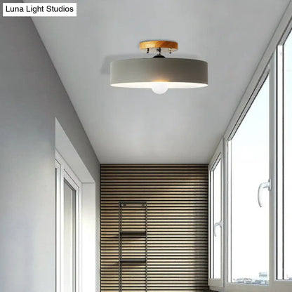 DecorBites™ DecorBites™ Modern Semi-Mount Drum Light: 1-Light 12" W Metal Fixture in Gray/White/Red/Pink for Living Room Ceiling