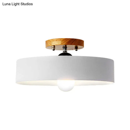 DecorBites™ DecorBites™ Modern Semi-Mount Drum Light: 1-Light 12" W Metal Fixture in Gray/White/Red/Pink for Living Room Ceiling