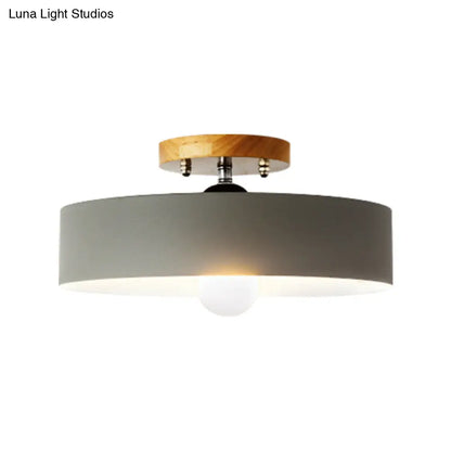 DecorBites™ DecorBites™ Modern Semi-Mount Drum Light: 1-Light 12" W Metal Fixture in Gray/White/Red/Pink for Living Room Ceiling