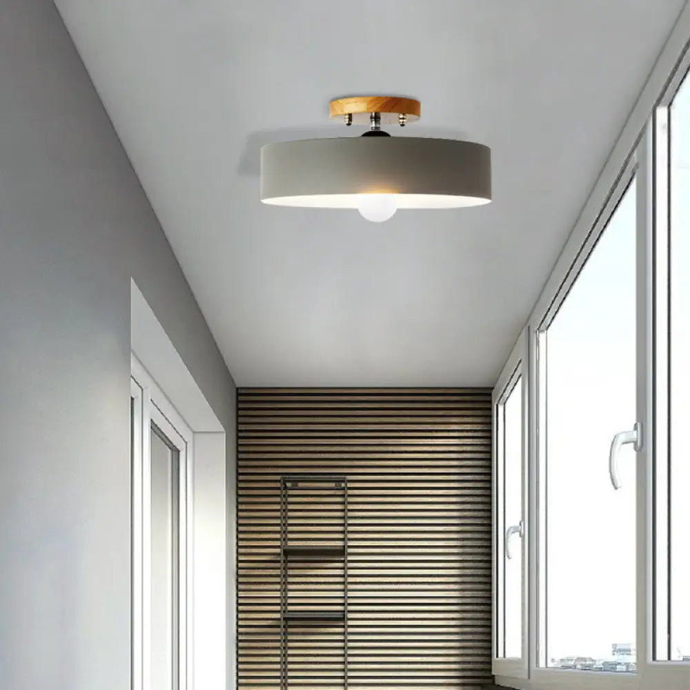 DecorBites™ DecorBites™ Modern Semi-Mount Drum Light: 1-Light 12" W Metal Fixture in Gray/White/Red/Pink for Living Room Ceiling