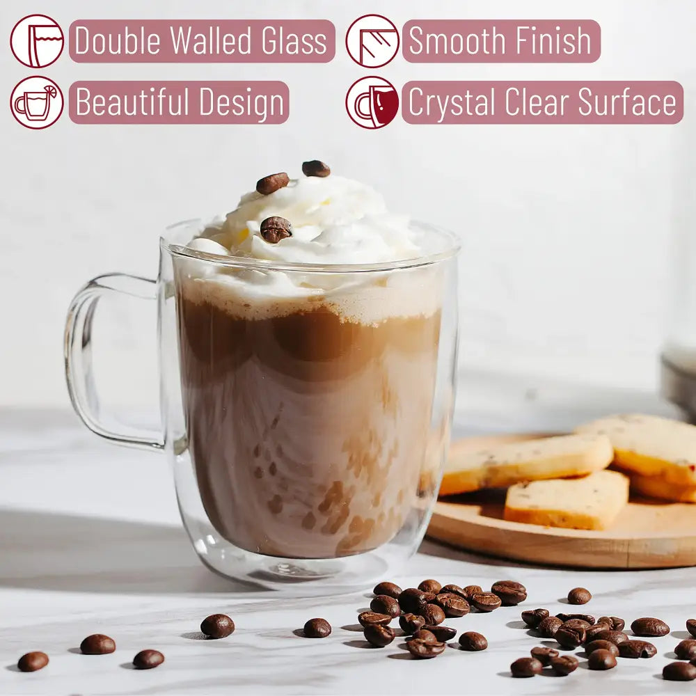 Modern set of 4 clear double wall glass coffee cup mugs filled with coffee topped with whipped cream and chocolate beans