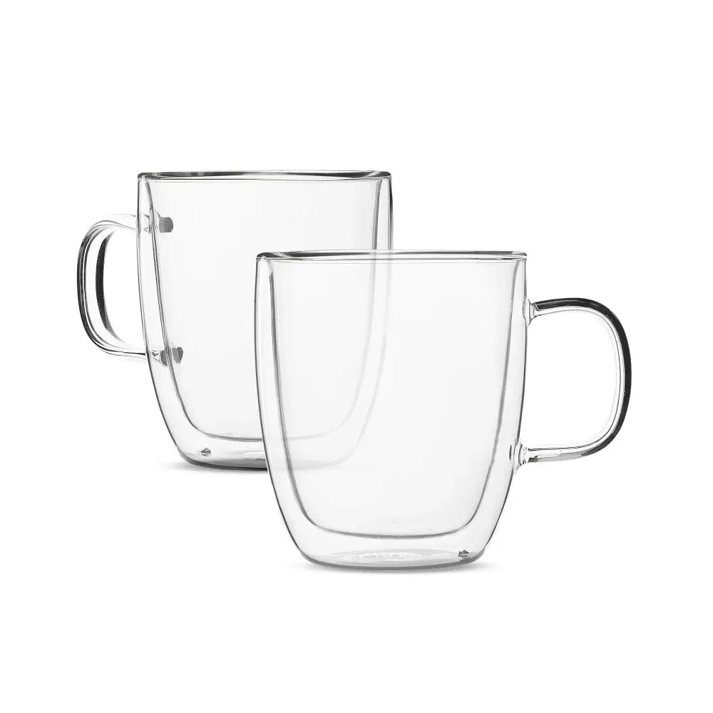 Modern set of 4 clear double wall glass coffee cup mugs with sleek minimalist design for kitchen use