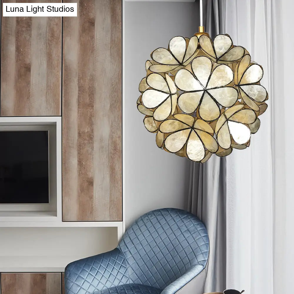 Modern Shell Globe Pendant: Elegant 1-Light Hanging Ceiling Fixture in White/Beige