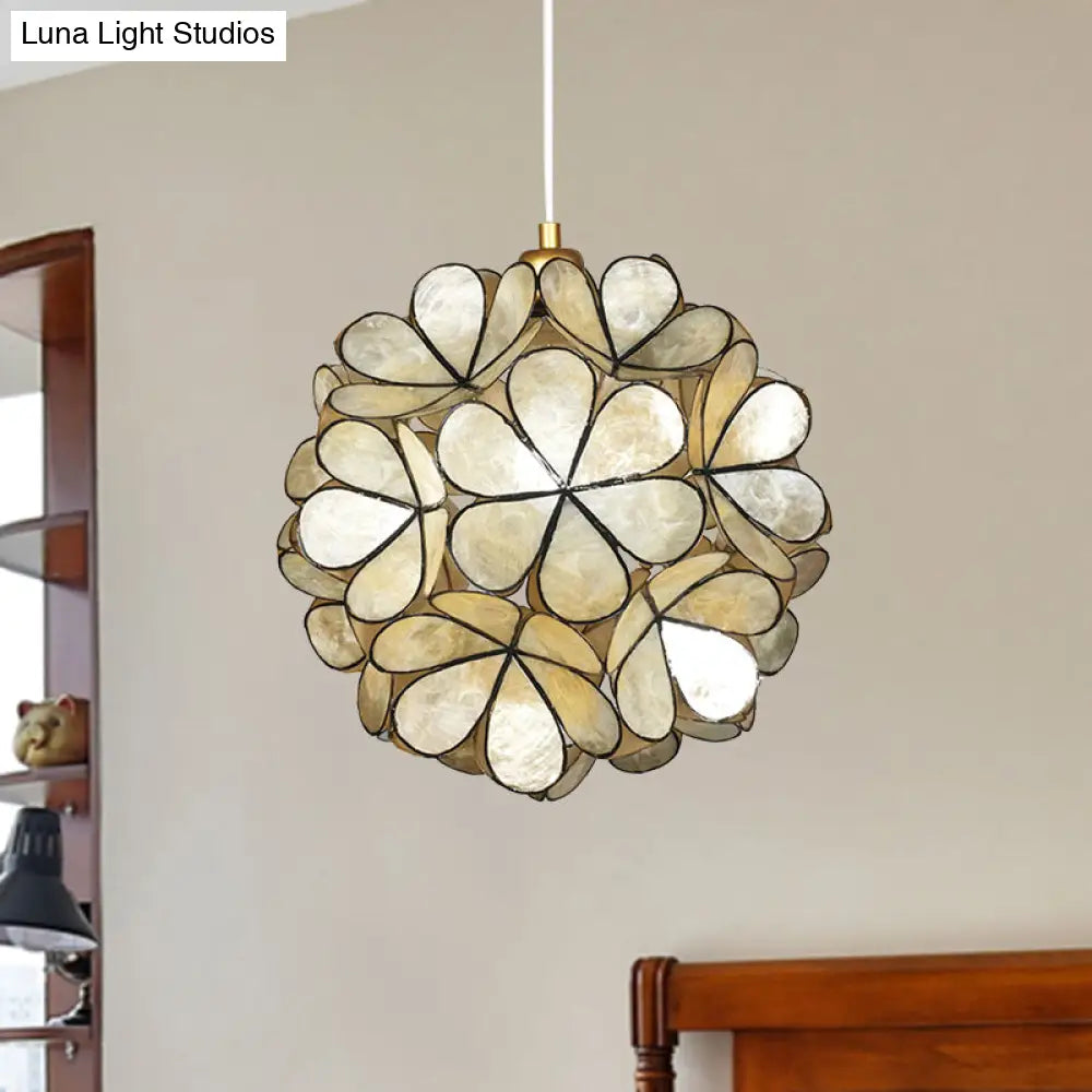 Modern Shell Globe Pendant: Elegant 1-Light Hanging Ceiling Fixture in White/Beige