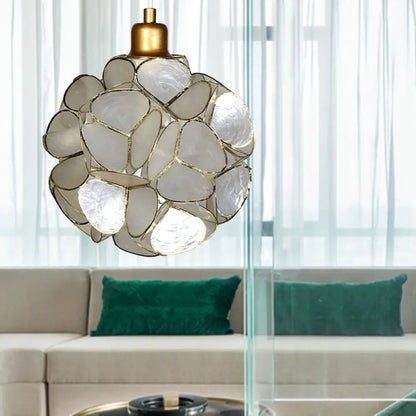 Modern Shell Globe Pendant: Elegant 1-Light Hanging Ceiling Fixture in White/Beige