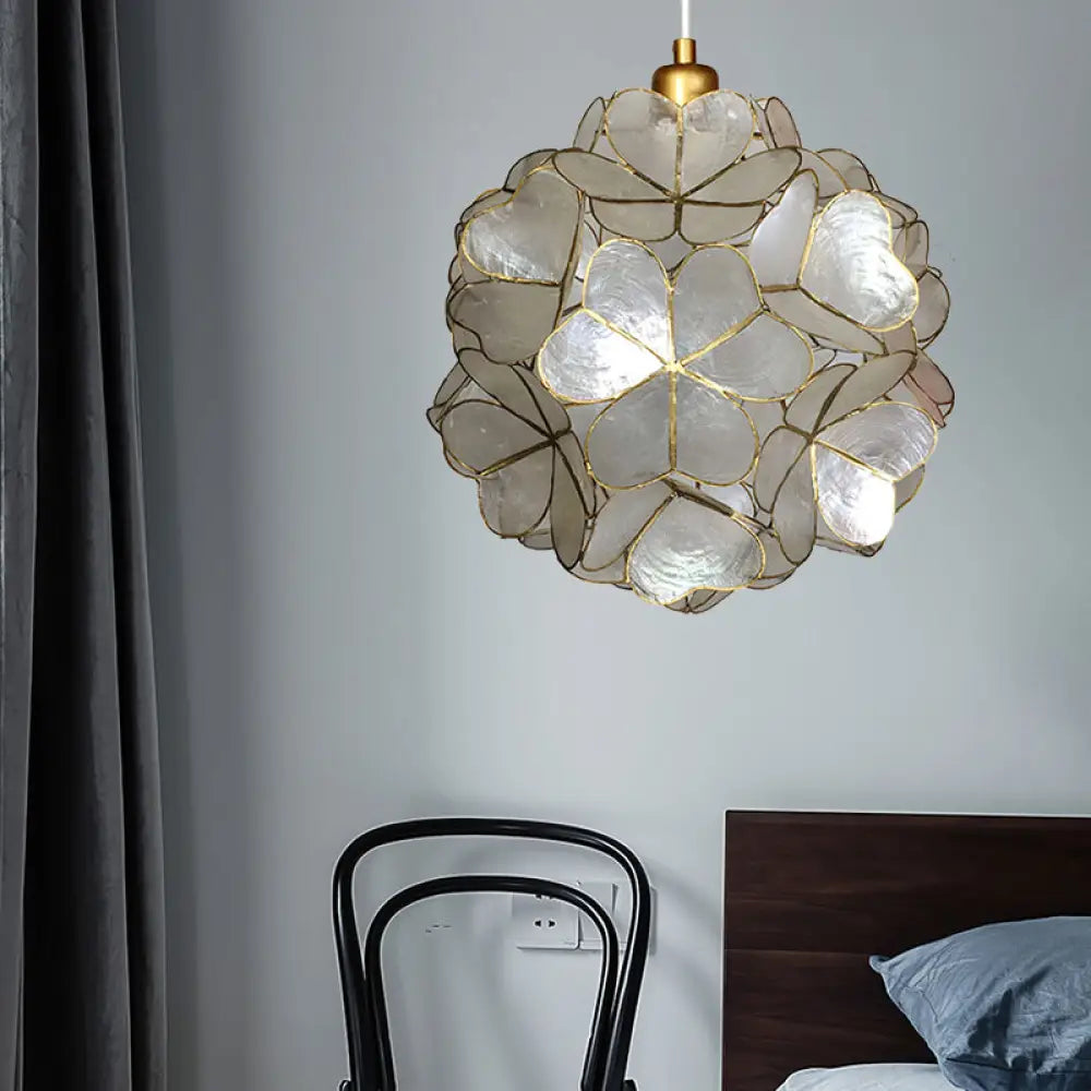 Modern Shell Globe Pendant: Elegant 1-Light Hanging Ceiling Fixture in White/Beige