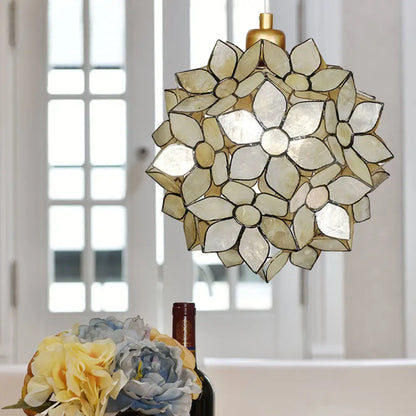 Modern Shell Globe Pendant: Elegant 1-Light Hanging Ceiling Fixture in White/Beige