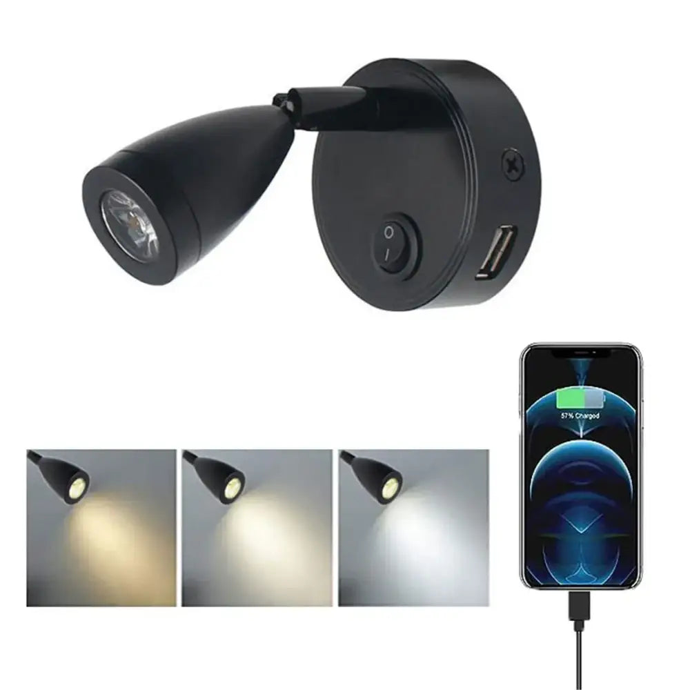 Black wall-mounted decorbites 12v led spotlight with adjustable beam, switch, and integrated usb charger for reading light