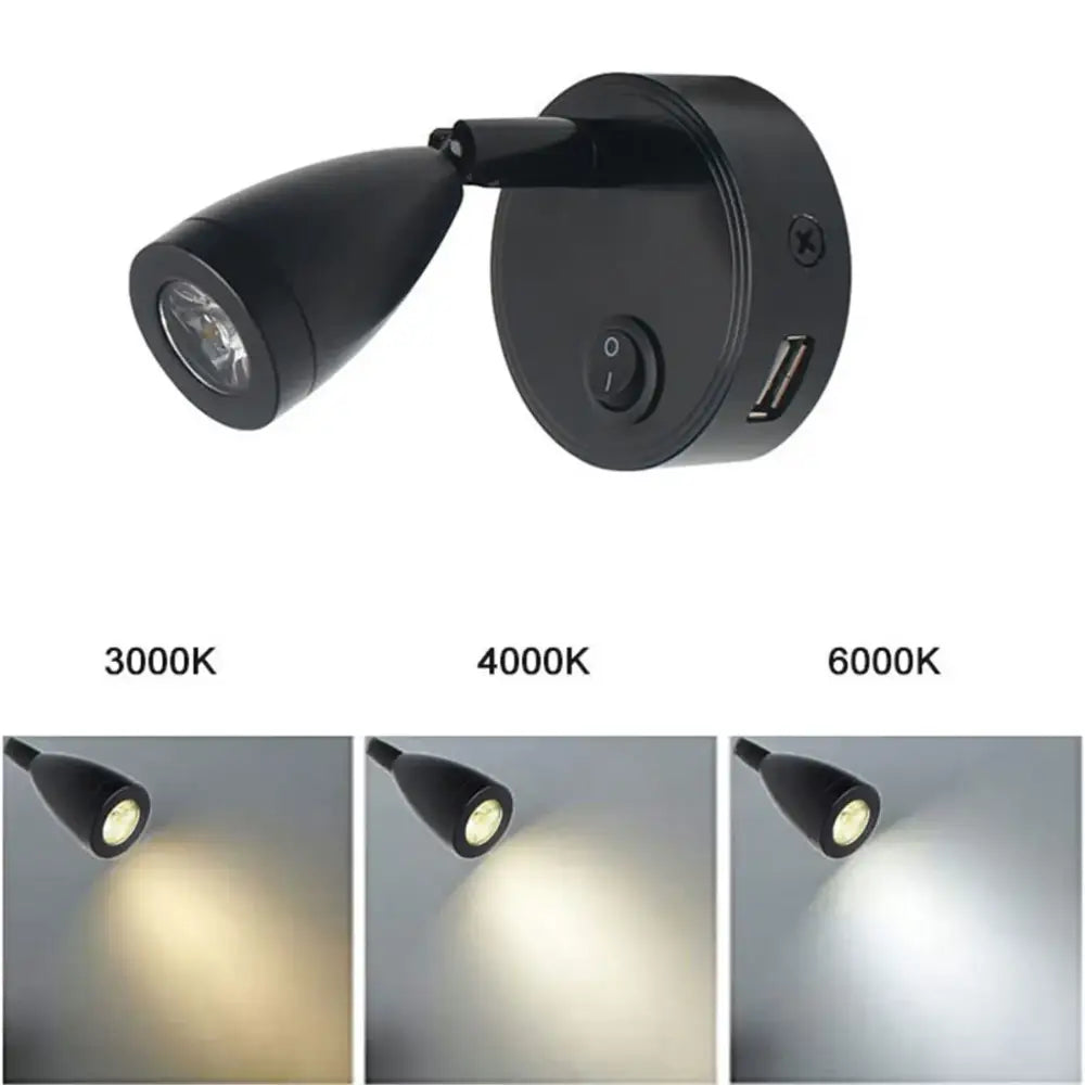Modern silver 12v led spotlight bedroom reading light with usb charger featuring black adjustable spotlight with usb port and switch