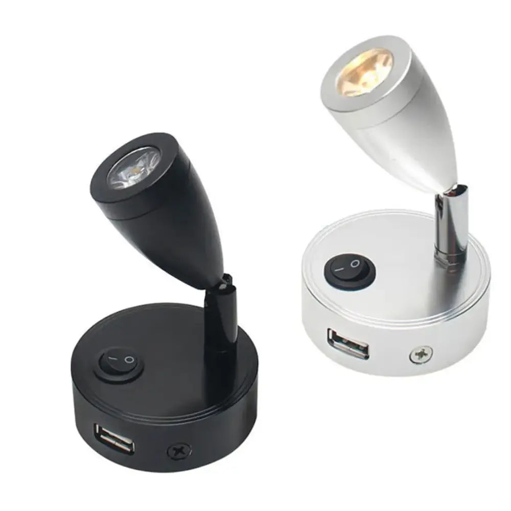 Black and silver adjustable modern silver 12v led spotlight bedroom reading light with usb charger and usb ports on base