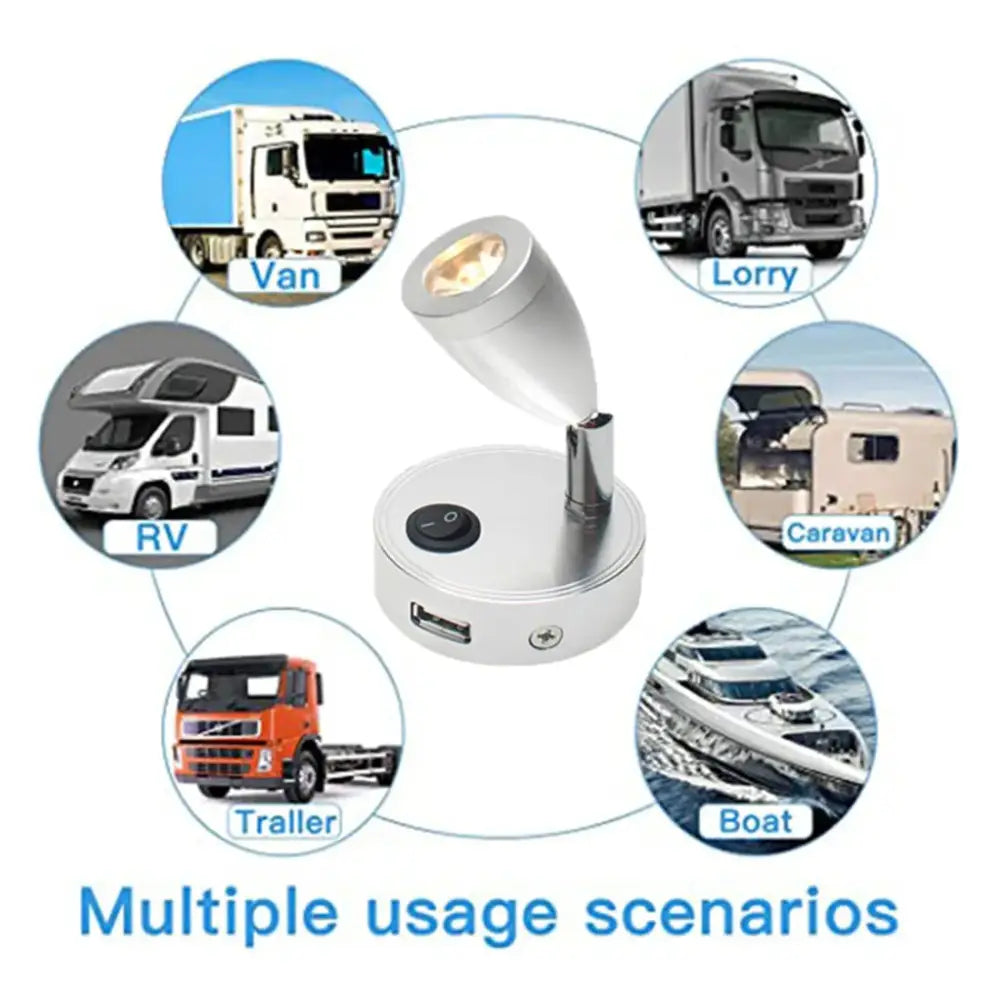 Modern silver 12v led spotlight with usb charger and switch designed for vans rvs caravans and boats decorbites 12v led