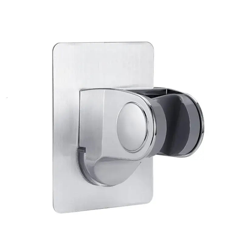 Modern silver adjustable shower holder with sleek metallic design and dark gray rubberized grip by decorbites adjustable self-adhesive