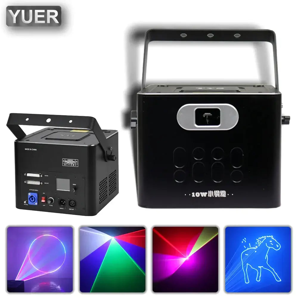 Modern silver and black 10w rgb laser light party projector with silver front panel and handle for colorful beams decorbites 10w rgb