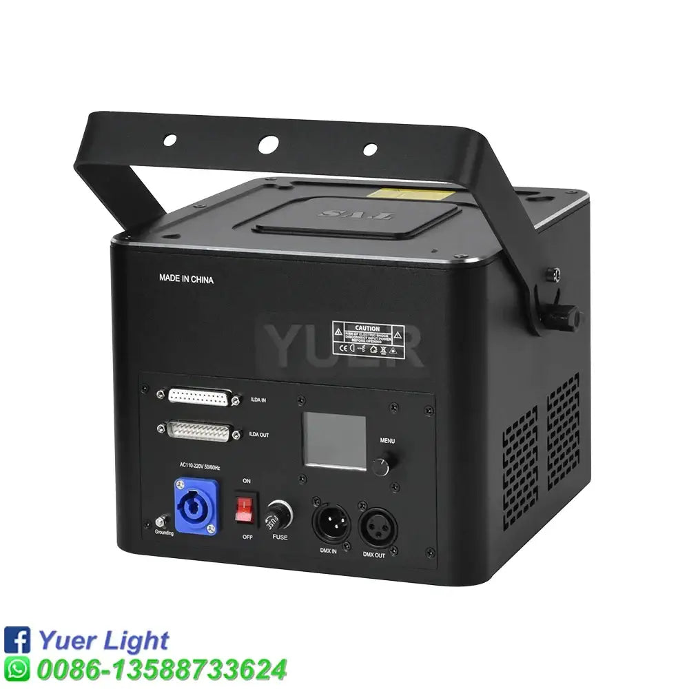 Black yuer light decorbites 10w rgb laser projector back side with handle blue power input and xlr audio jacks