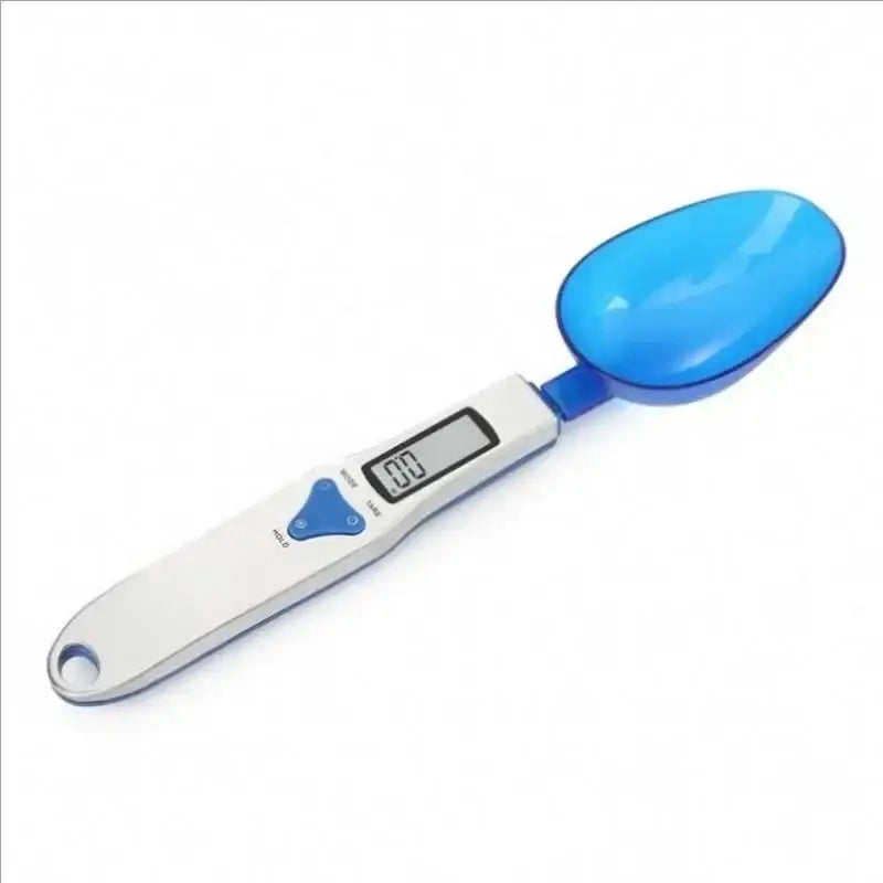 Modern silver and black digital kitchen spoon scale with blue plastic measuring spoon and digital display handle by decorbites