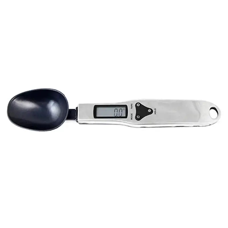 Modern silver and black digital kitchen spoon scale with lcd display and control buttons by decorbites digital kitchen