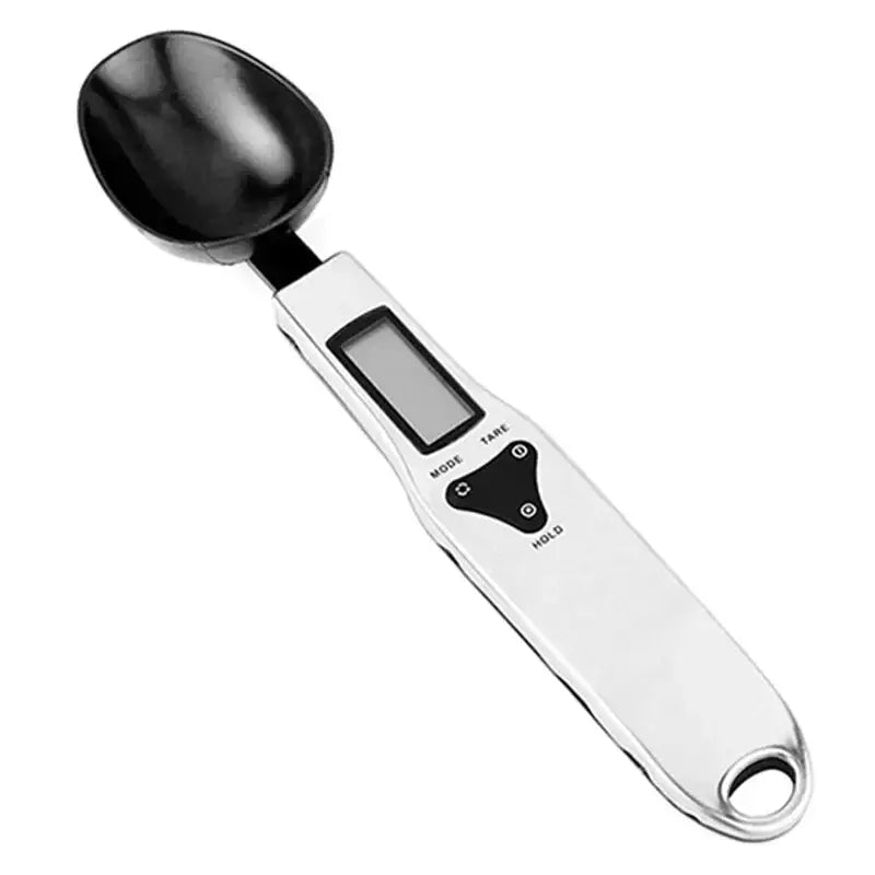 Modern silver and black digital kitchen spoon scale with glossy black bowl silver handle lcd screen by decorbites digital kitchen