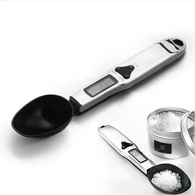 Modern silver and black digital kitchen spoon scale with lcd display silver metallic handle and black plastic bowl decorbites digital kitchen