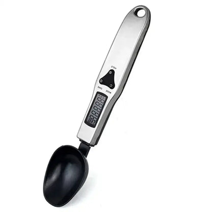 Modern silver and black digital kitchen spoon scale with lcd display and sleek metallic handle by decorbites digital kitchen