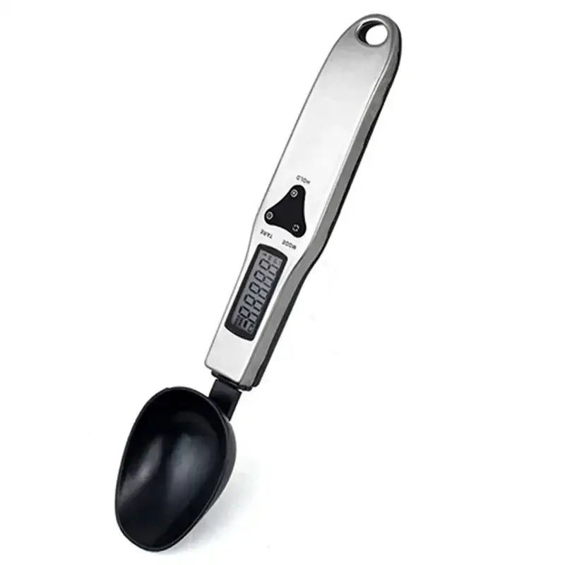 Modern silver and black digital kitchen spoon scale with lcd display and sleek metallic handle by decorbites digital kitchen
