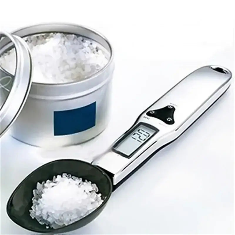 Modern silver and black digital kitchen spoon scale with lcd display and sleek metallic body by decorbites digital kitchen