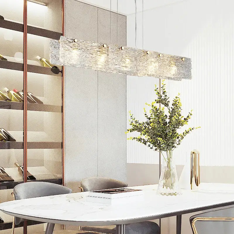 Modern silver and gold glass chandelier with textured glass finish and embedded bulbs for dining room decorbites glass chandelier