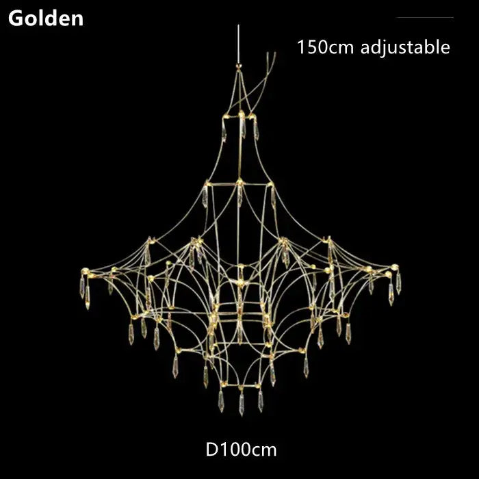 Modern silver and decorbites golden lustre crystal chandelier with adjustable 150cm height and 100cm diameter for living room decor