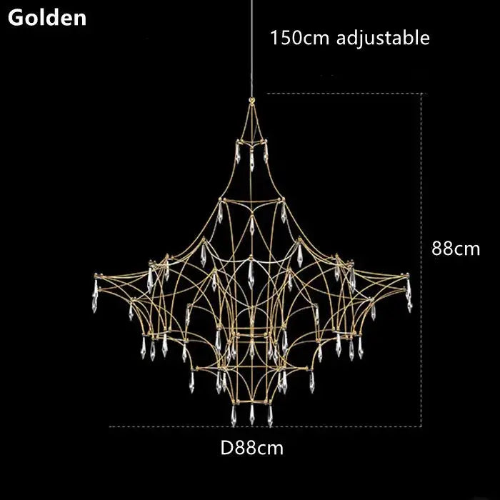 Modern silver and golden lustre crystal chandelier featuring intricate metal framework and dangling crystal droplets