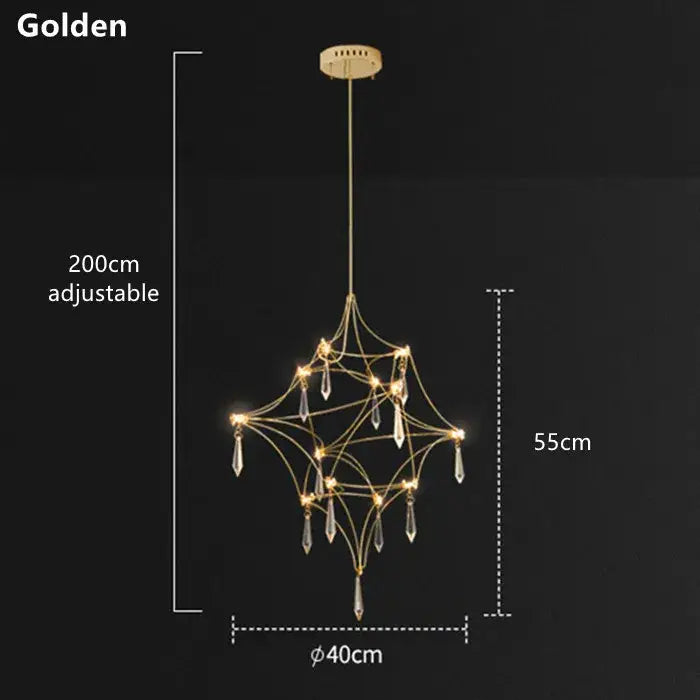 Modern silver and golden lustre crystal chandelier with delicate geometric wireframe and dangling crystal pendants decorbites golden lustre