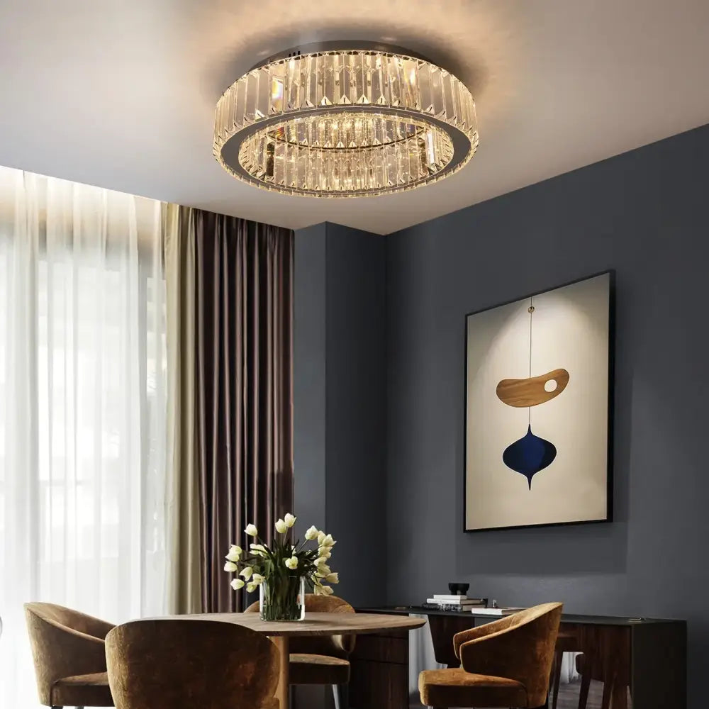 Modern silver big crystal led circle ceiling lamp featuring two concentric rings of clear crystal prisms in a polished frame