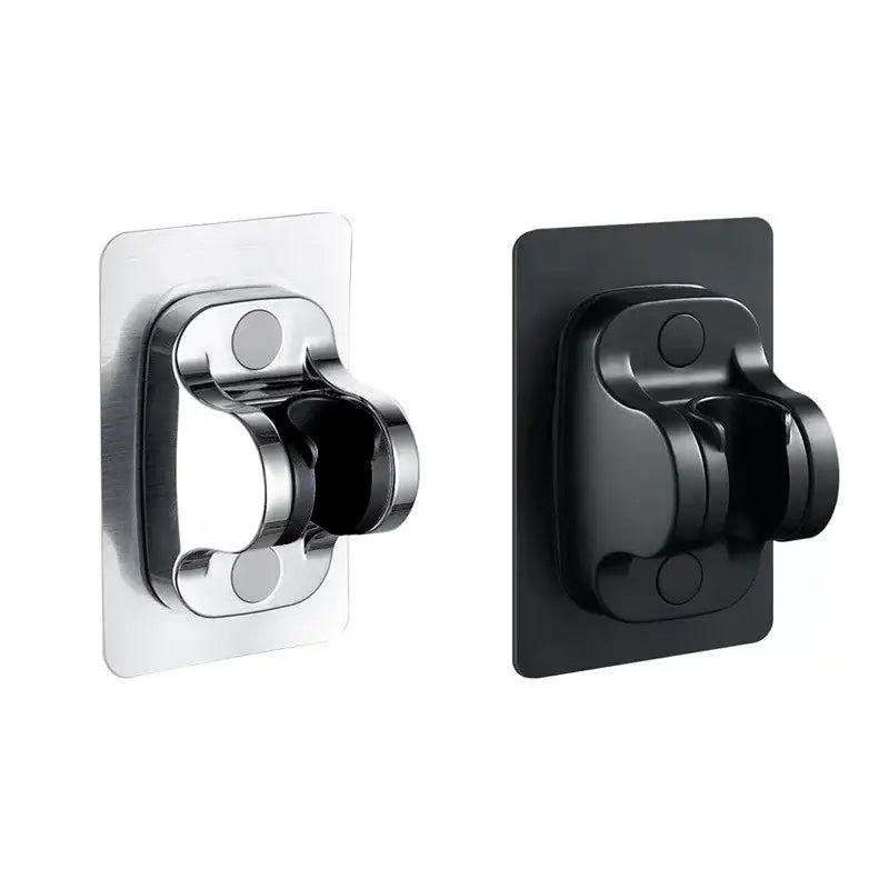 Modern silver and black adjustable shower holder bracket with sleek design for bathroom use and phone stand holders