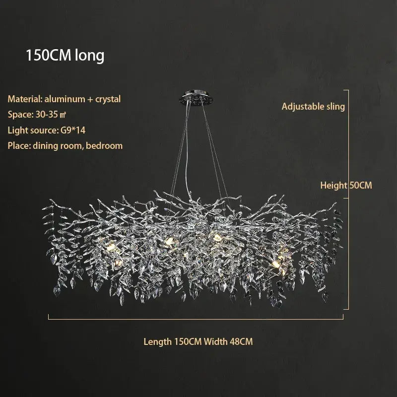Modern silver and black crystal chrome chandelier with aluminum branching design measuring 150cm for living room lighting