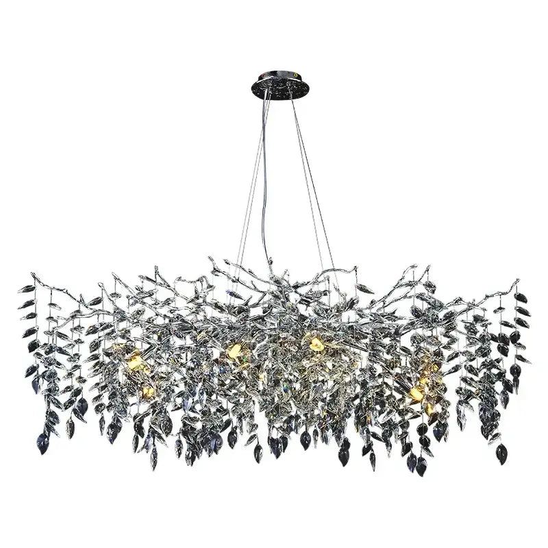 Modern silver and black leaf-shaped crystal chrome chandelier with branch-like design for living room lighting