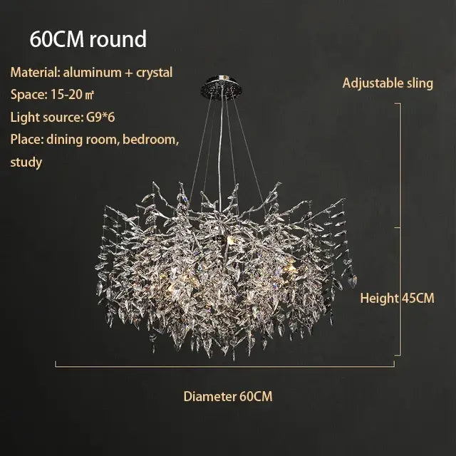 60cm round modern silver and black crystal chrome chandelier with delicate aluminum leaf design for living room light