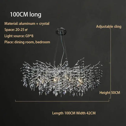 A 100cm modern silver and black crystal chrome chandelier with aluminum and crystal branching design for living room