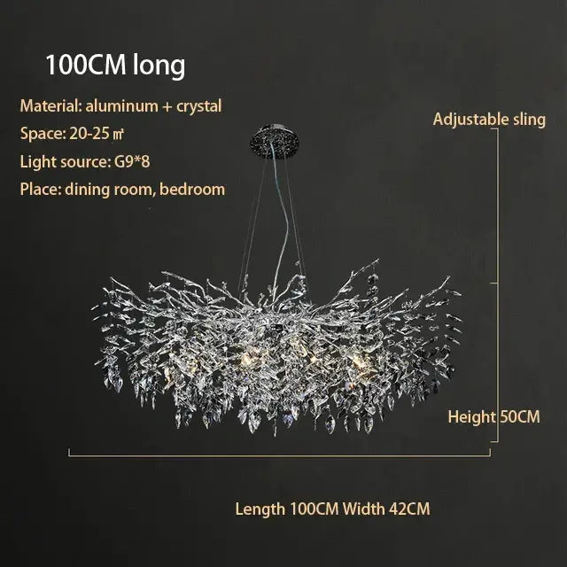 A 100cm modern silver and black crystal chrome chandelier with aluminum and crystal branching design for living room